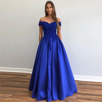 Mimo Ramenný Kráľovská Modrá Prom Šaty-line Appliques Korálkové Prehodil Sukne Vestido De Fiesta De Graduacion Satin Prom Šaty 2019 Nové