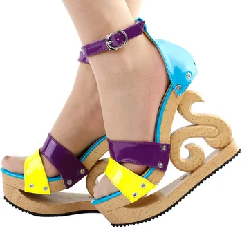 LF30833 Sexy Žltá Modrá Fialová Strappy Otvorené Prst Drevené Kliny Platformu Dreváky Sandále
