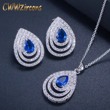 CWWZircons 2018 Najnovšie Veľká Kvapka Vody Modrá CZ Náušnice, Náhrdelník Micro Pave Cubic Zirconia Módne Ženy Šperky Sady T302