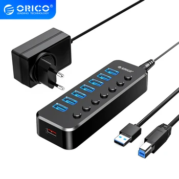 ORICO Powered USB 3.0 HUB 7 4 Porty Údaje Rozšírenie s 1 Nabíjací Port a Jednotlivé On/Off Switches 12V Napájací Adaptér pre PC
