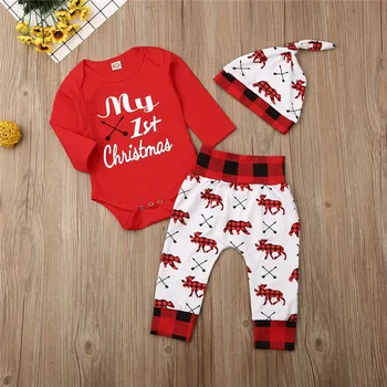 Dieťa Dievča, Chlapec Oblečenie Nastaviť 2019 Novorodenca Batoľa Prvé Vianoce Dlhý Rukáv Kombinézu Nohavice Klobúk Oblečenie Vianoce 3ks 0-18 M
