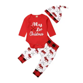 Dieťa Dievča, Chlapec Oblečenie Nastaviť 2019 Novorodenca Batoľa Prvé Vianoce Dlhý Rukáv Kombinézu Nohavice Klobúk Oblečenie Vianoce 3ks 0-18 M