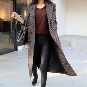 CBAFU jeseň zima ženy kockovaný kabát módne dlhé vlny, vlnené kabát teplé dlhá bunda dizajnér outwear vrecko dvojité breasted P170