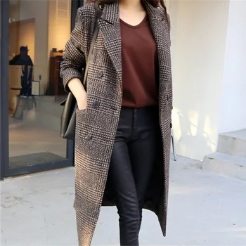 CBAFU jeseň zima ženy kockovaný kabát módne dlhé vlny, vlnené kabát teplé dlhá bunda dizajnér outwear vrecko dvojité breasted P170