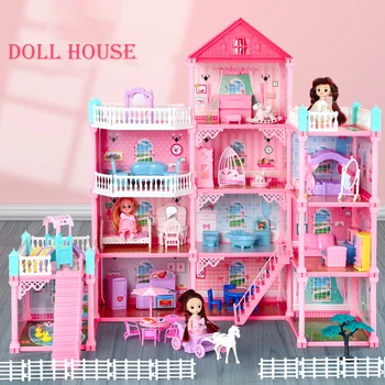 Princezná Villa Diy Doll House Ružový Hrad Hra Izba S Bábika Auta Montáž Doll House Dievča Hračka Darček k Narodeninám Rodiny hračky