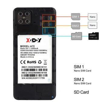 XGODY A72 3G Smartphone 1 GB 8 GB Android mobilné telefóny 6.6 palcový Odblokovať Mobil Tvár ID 5MP Fotoaparát, Dual SIM GPS, WiFi 3000mAh Nové