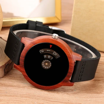 Minimalistický Gramofónu Dreva Sledovať Jedinečný vejárovité Dial Art Design Quartz Červené santalové drevo Prípade Kožený pás Muž Náramkové hodinky reloj