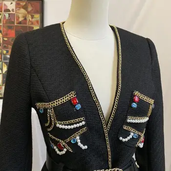 Getspring Ženy Kabát Retro Ženy Bunda Diamond Dekorácie Vintage Kabát Bunda Pás Dlhý Rukáv Zobraziť Tenké Žena Topy Jeseň 2020