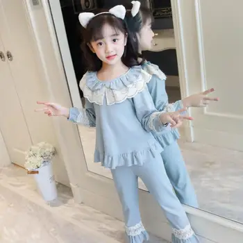 Dievčatá, baby, jar, jeseň nové čipky patchwork princezná šaty deti dlhý rukáv volánikmi 2 ks súpravy pyžamo detí, domáce oblečenie w806