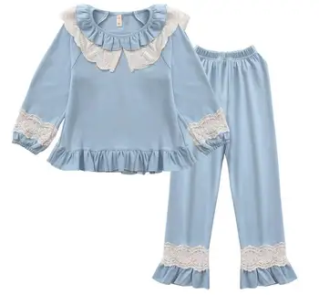 Dievčatá, baby, jar, jeseň nové čipky patchwork princezná šaty deti dlhý rukáv volánikmi 2 ks súpravy pyžamo detí, domáce oblečenie w806