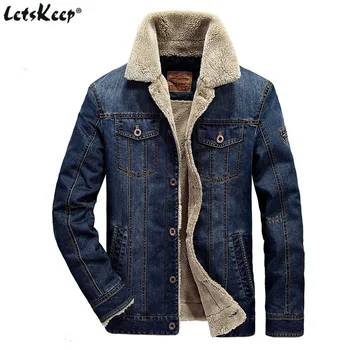 Plus veľkosť 5XL 6XL LetsKeep Zimné Denim jacket Mužov Fleece Kožušiny Golier jeans bunda pánske Outwear bundy a kabáty Kovboj, MA528
