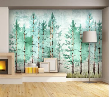 Wellyu Vlastné veľké nástenné Nordic akvarel jednoduchý elektrický zelený les výhľad na pozadí wallpaperpapel de pare