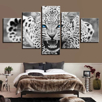 Wall Art HD Výtlačkov Obrázkov Rámec 5 Ks Modré Oči Leoparda, Tigra Plátne Obrazy Domova Čiernej A Bielej Zvierat Plagát