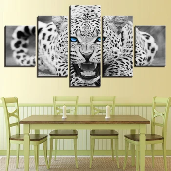 Wall Art HD Výtlačkov Obrázkov Rámec 5 Ks Modré Oči Leoparda, Tigra Plátne Obrazy Domova Čiernej A Bielej Zvierat Plagát