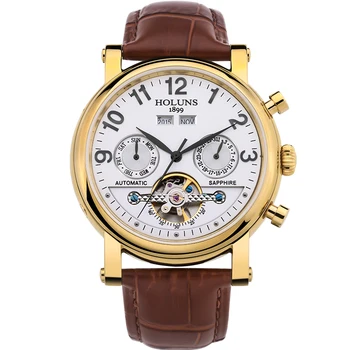Automatické mechanické mužov módne hodinky s koženým remienkom top predaj luxusný veľký dial business Retro kostra z nehrdzavejúcej ocele
