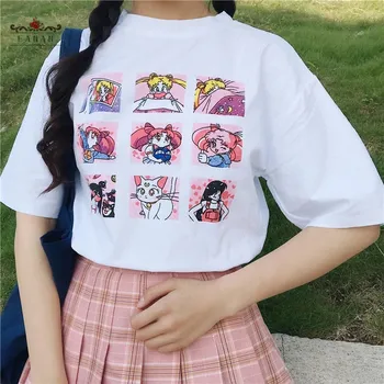 Sailor Moon Ženy T-Shirt Cartoon Bežné Krátky Rukáv Nadrozmerné Voľné Tričká Topy Letné Nový O-Krku Sladké Mladé Dievčatá T-shirts