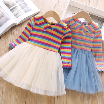 Baby Girl Dress 1-6T Krásne Batoľa Deti Nové Jarné Dievčatá Roztomilý Pruhy Vytlačiť Oka, Šitie Princezná Dlhým Rukávom Šaty