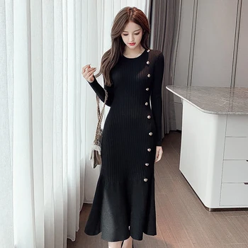 Značka Sveter Šaty Žien Jeseň Zima Kórejský Čierne Oblečenie Móda Elegantný Dlhý Rukáv Tlačidlo Pletenie Fishtail Dresse
