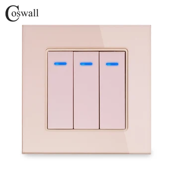 Coswall Luxusné Crystal Tvrdené Sklo Panel 3 Gang 1 Spôsob Light Switch On / Off vypínač S LED Indikátor 16A 250V AC