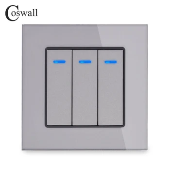 Coswall Luxusné Crystal Tvrdené Sklo Panel 3 Gang 1 Spôsob Light Switch On / Off vypínač S LED Indikátor 16A 250V AC