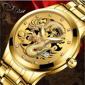 Tike Toker pánske nepremokavé ultra tenké non mechanické hodinky pánske oceľové pásmo Sledovať kalendár Golden Dragon Phoenix pár tabuľka