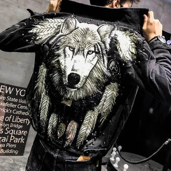 Pánske patch vyšívané džínsové bundy na jar a na jeseň vlk bunda osobnosti trend nosiť ulici bunda mimo otvoru