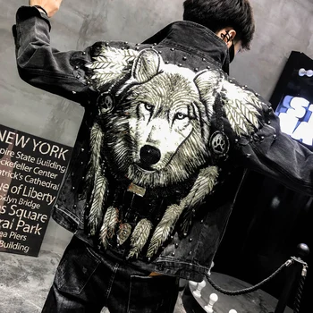 Pánske patch vyšívané džínsové bundy na jar a na jeseň vlk bunda osobnosti trend nosiť ulici bunda mimo otvoru