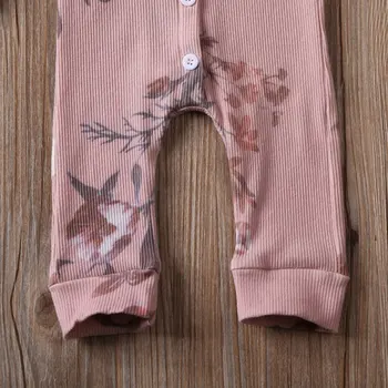 Jeseň Novonarodené deti Baby Girl Kvetinový Tlač Oblečenie Nastaviť Prekladané Dlhý Rukáv Romper Jumpsuit Zimné Oblečenie Sady