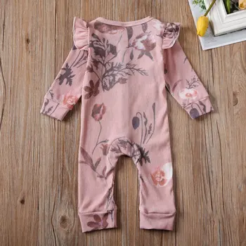 Jeseň Novonarodené deti Baby Girl Kvetinový Tlač Oblečenie Nastaviť Prekladané Dlhý Rukáv Romper Jumpsuit Zimné Oblečenie Sady