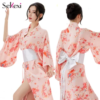 Sekexi Ženy Dlho Štýlu Kvetinové Kimono Šaty Voľné Vytlačené Sakura Kimono Bielizeň Satén Šifón Pyžamo Cardigan Župan Šaty