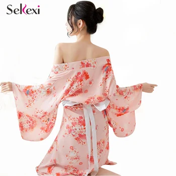 Sekexi Ženy Dlho Štýlu Kvetinové Kimono Šaty Voľné Vytlačené Sakura Kimono Bielizeň Satén Šifón Pyžamo Cardigan Župan Šaty