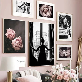 Wall Art Plátno Na Maľovanie Blossom Pink Rose Model Dievča Čierna Biela Nordic Plagáty A Potlačou Obrazov Na Stenu Pre Obývacia Izba Dekor