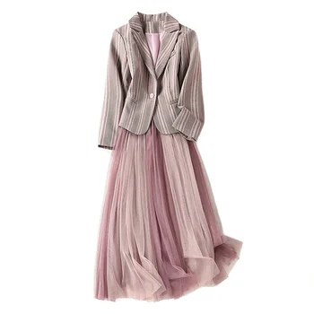 Celebrity 2020 jeseň zima 2 ks Elegantný oblek Ružový prúžok sako+dlhé sukne dvoch-dielny Midi Šaty sada Office Lady Formálne oblečenie