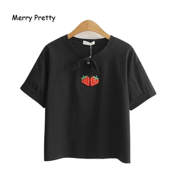 VESELÉ CELKOM Bavlna dámske Cartoon Jahoda Výšivky Harajuku Letné Tričká Krátky Rukáv O-Neck T Shirt Základné Topy Tees