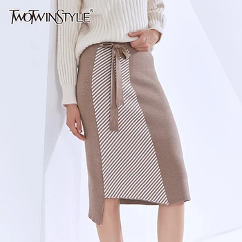 TWOTWINSTYLE Prekladané Sukne Pre Ženy, Vysoký Pás Patchwork Čipky Bowknot Elegantné Polovice Sukne Ženy 2020 Jesenné Módne Oblečenie