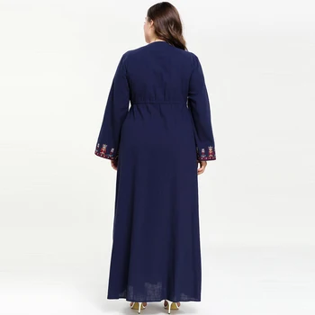 2019 Ženy Moslimské Oblečenie Výšivky V krku kaftan marocký Abaya Plus veľkosť Islamskej Šaty Svetlice Rukáv Tmavo Modrá M-4XL