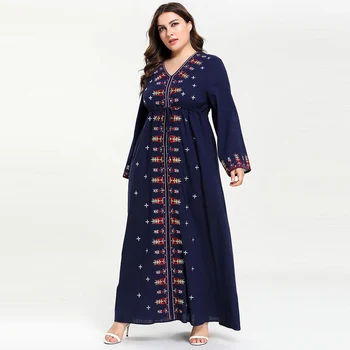 2019 Ženy Moslimské Oblečenie Výšivky V krku kaftan marocký Abaya Plus veľkosť Islamskej Šaty Svetlice Rukáv Tmavo Modrá M-4XL