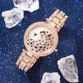 Luxusné dámske náramkové hodinky Módne Bling Dámy Business Quartz Hodinky Ženské Zlato Hodinky Kryštál Diamantu Leopard Pre Ženy Hodiny