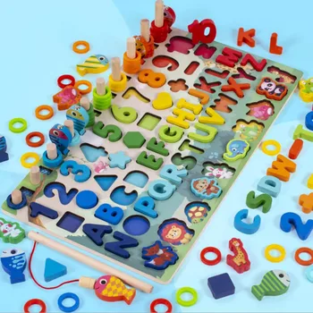 Detská Drevená Montessori Vzdelávacích Hračiek Deti Raného Vzdelávania Tvar, Farba Matematika Zodpovedajúce Denník Rybárskych Puzzle Počítať Číslo