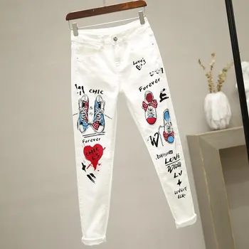 2020 Leto Jar Ženy denim džínsy Cartoon Graffiti kvety tlače chudá natiahol džínsy ceruzka džínsové nohavice slim džínsy capris