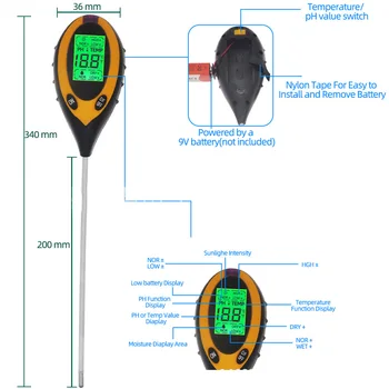 4 in1 LCD Elektronické Digitálne Pôdne Ph Meter Pôdy Tester pH, Vlhkosť, Teplota Svetla Analyzer Test Meter pre Záhradné Rastliny Kvet