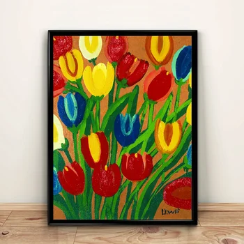 Tulipány Maud Lewis Plátno olejomaľba Plagát a Tlačí na Steny Umenie Farebné Obrázky, Obývacia Izba, Spálňa Decor Č Rám