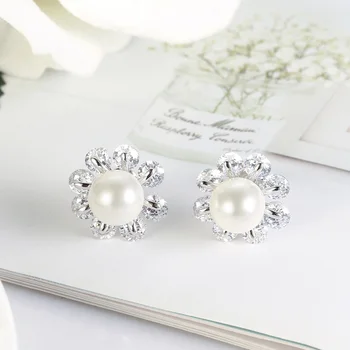 Kvet biely veľké prírodné perly, strieborné stud náušnice zirconia Dámske náušnice v jemné šperky 925 sterling silver 2019 móda