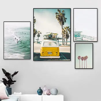 Scenéria S Oceánom Plátne, Plagát, Nordic Dekorácie Žltá Pláži Autobus Wall Art Dekoratívny Obraz Škandinávskych Domova Rám