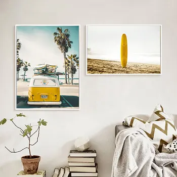 Scenéria S Oceánom Plátne, Plagát, Nordic Dekorácie Žltá Pláži Autobus Wall Art Dekoratívny Obraz Škandinávskych Domova Rám