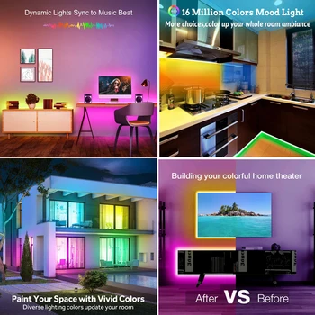 RGB Svetelný Pás 50FT Multicolor RGB LED Svetelný Prúžok Synchronizácia Hudby Alxea Kompatibilné Farbu Meniace LED Pásky Svetlo Pre Spálne