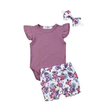 Batoľa Detská Dievča 0-18 M Oblečenie Sady Fialová Romper+Kvety Tlače Šortky hlavový most Bežné Strany Letné Oblečenie