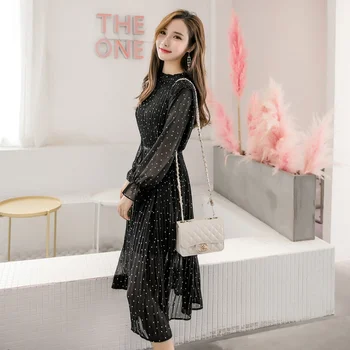 Čierna Vintage Šifón Šaty Jeseň Pani, Dlho 2021 Módne Ženy Šaty S Dlhým Rukávom Polka Dot-Pleated Šaty Kórejské Oblečenie 3670