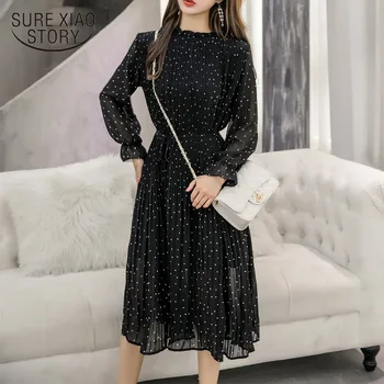 Čierna Vintage Šifón Šaty Jeseň Pani, Dlho 2021 Módne Ženy Šaty S Dlhým Rukávom Polka Dot-Pleated Šaty Kórejské Oblečenie 3670