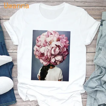 Vintage Kvety Ženy Tričko Tlač Aeathetic Tričká Krátky Rukáv Bežné Biely Top Čaj Ženský Harajuku T-Shirts Žena Oblečenie